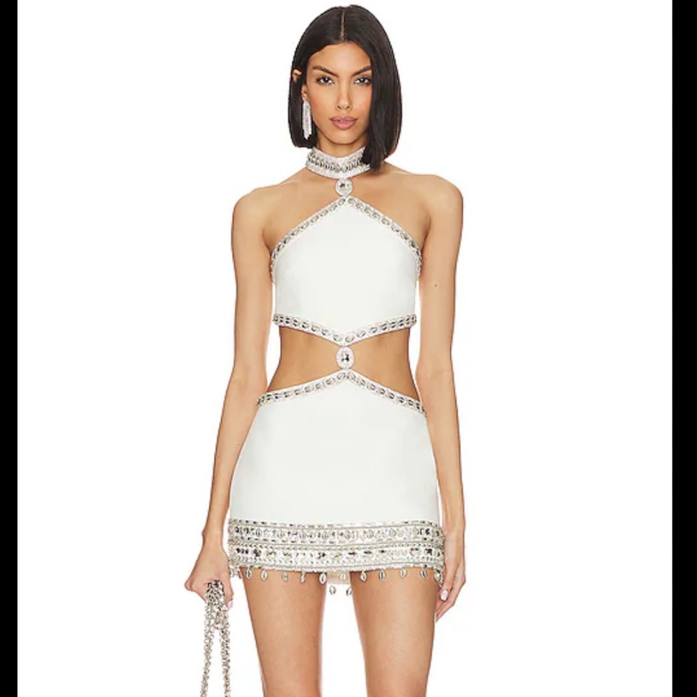 Retrofete Mervay Dress Elegant White Halter Dress with crystals
